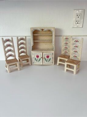 Vintage 90s Plastic Canvas Needlepoint Dollhouse Furniture Hutch Chairs Cottage